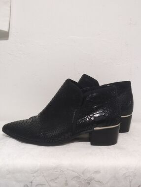 Treasure & Bond Black Snake-Embossed LeatheAnkle Booties with Metallic Heel Trim